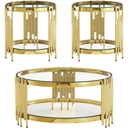 MKDK 3 Piece Glass Coffee Table Set With End Tables Stainless Steel Frames