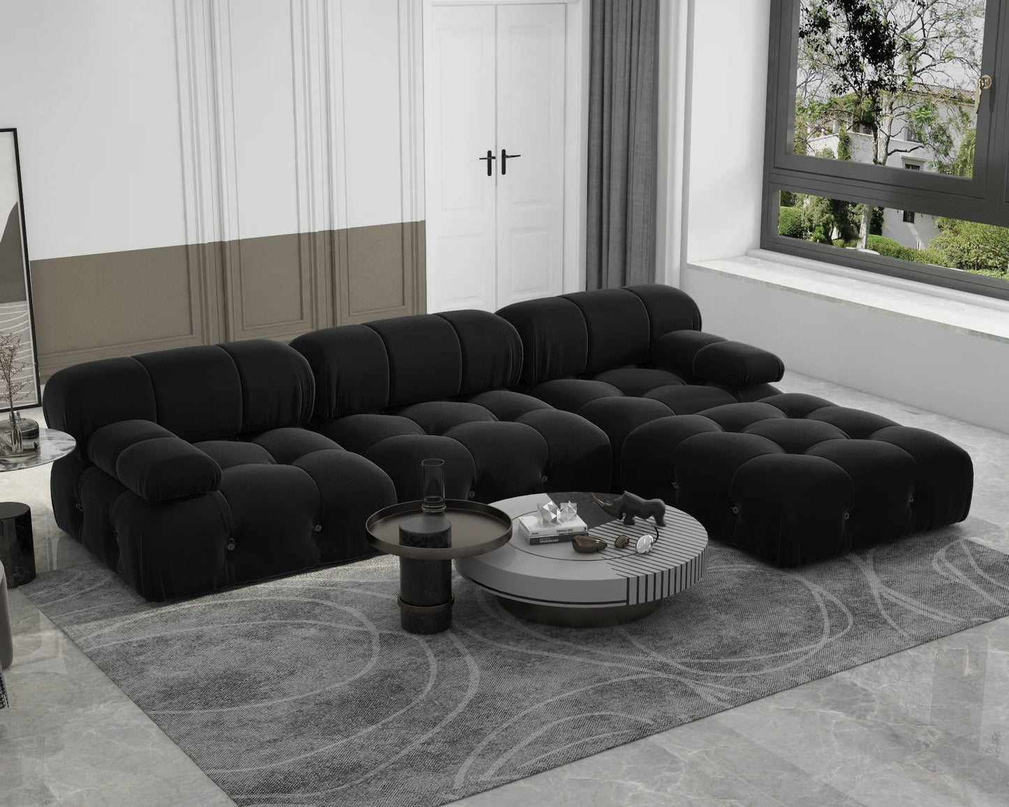 Minimalist Velvet Sectional Sofa with Modular Ottomans for Living Room