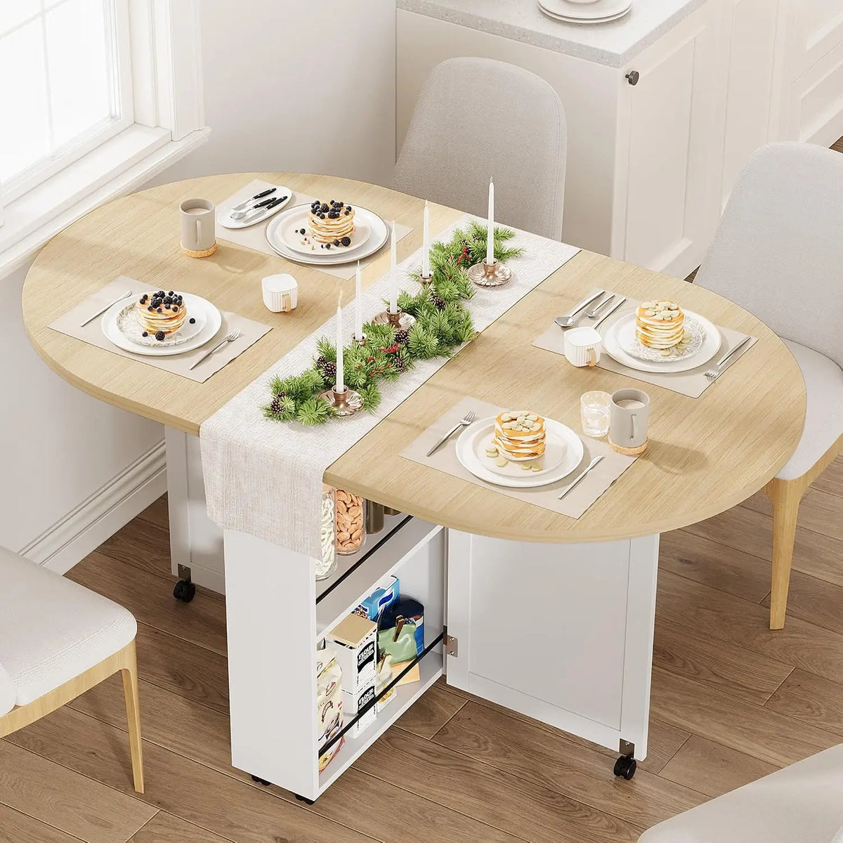 3-in-1 Folding Dining Table With Wine Rack, Drawer &amp; Cup Holders, Drop Leaf Oval Kitchen Table On Lockable Casters For Small Spaces