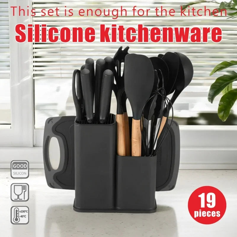 19-in-1 Kitchen Knife &amp; Silicone Utensil Combo Set, Heat Resistant Cooking Tools with Detachable Storage Organizer