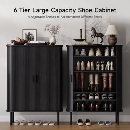 ONBRILL Fluted Six Tier Shoe Cabinet With Sliding Door