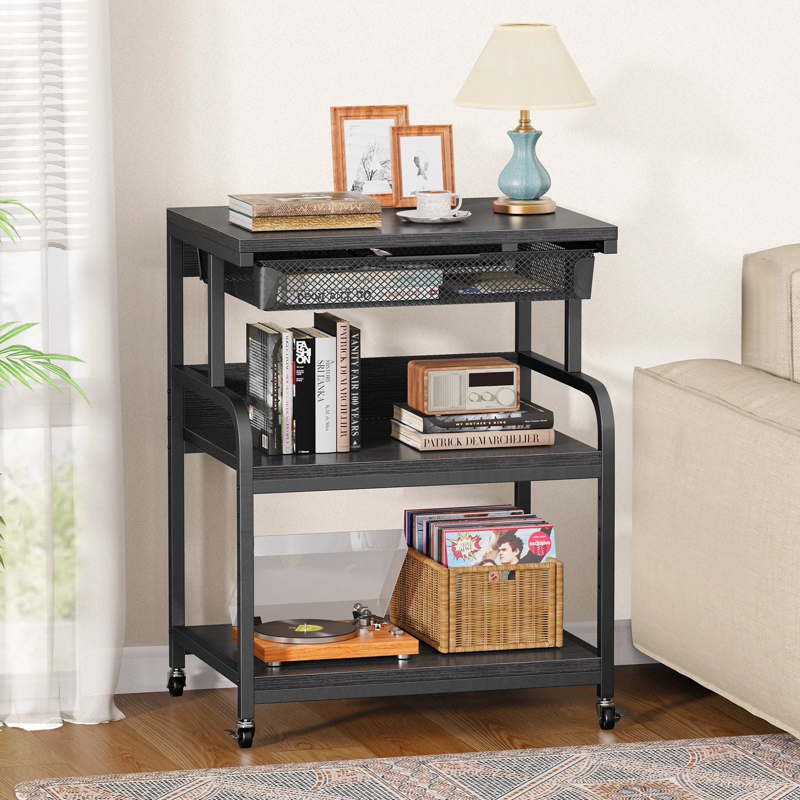 Large Printer Stand w/ Drawer, 5-Adjustable Heights 3 Tier Table w/ Wheels,Printer Cart for Printer Scanner Fax Home Office Use