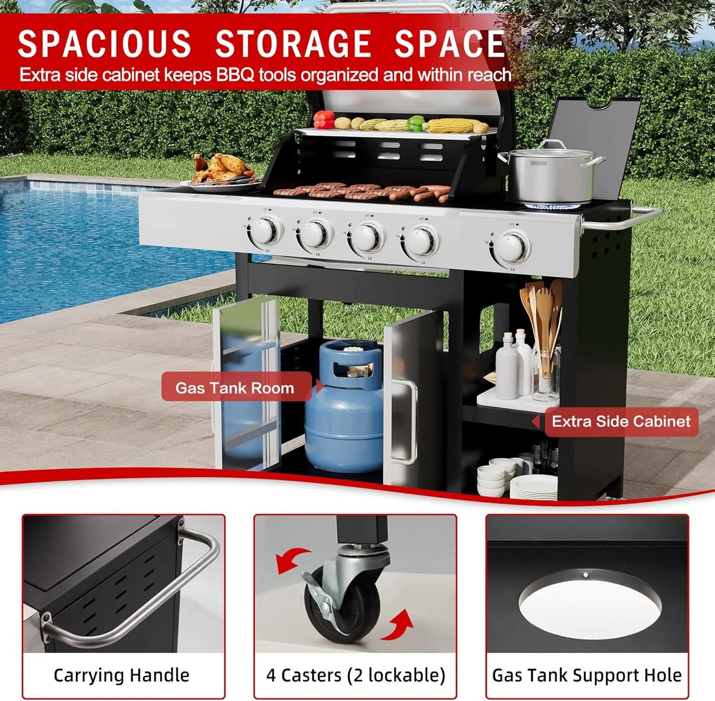 4-Burner Propane Gas Grill with Side Burner- 49,000 BTU Stainless Steel BBQ Grill with Cabinet, Porcelain-Enameled Cast Iron Gra