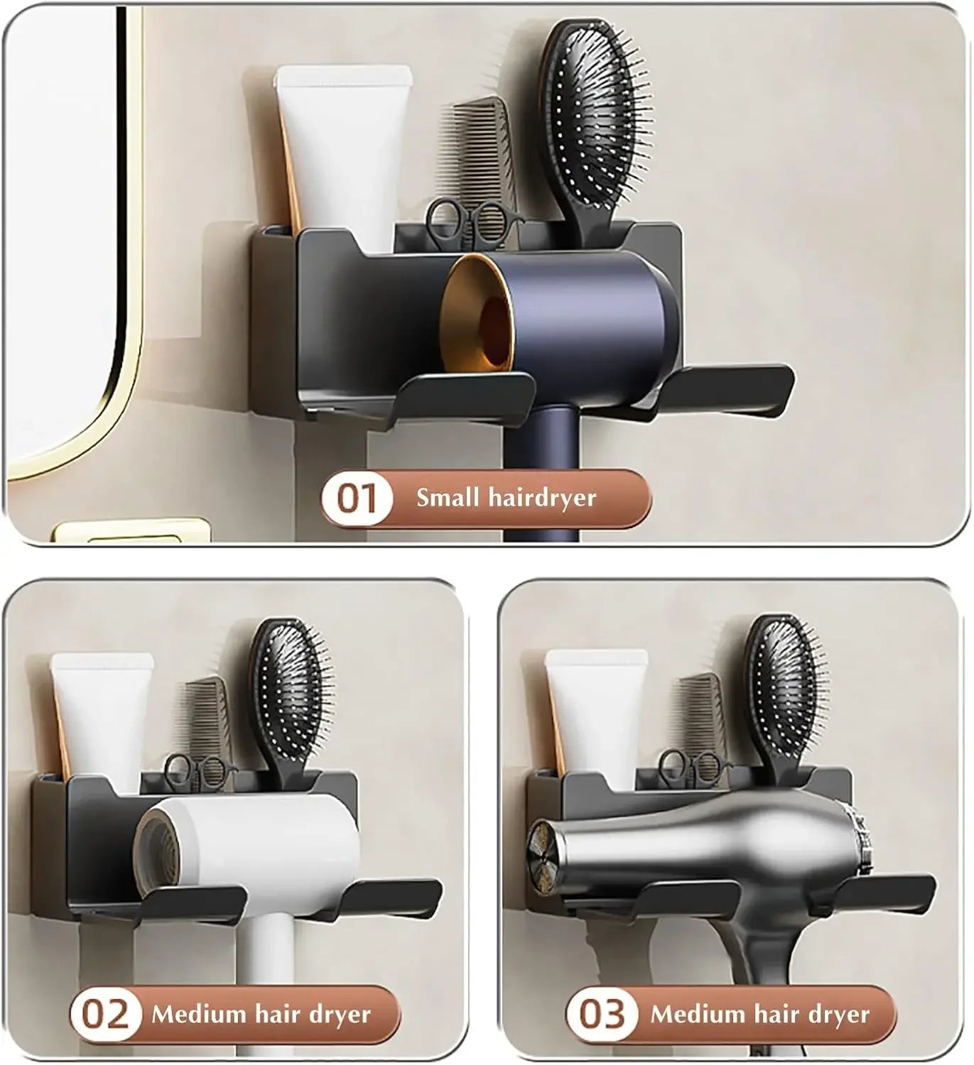 Hair Dryer Holder No Drill Wall Mount Self-Adhesive With Plug Holder Storage Organizer For Bathroom Hotel Barbershop