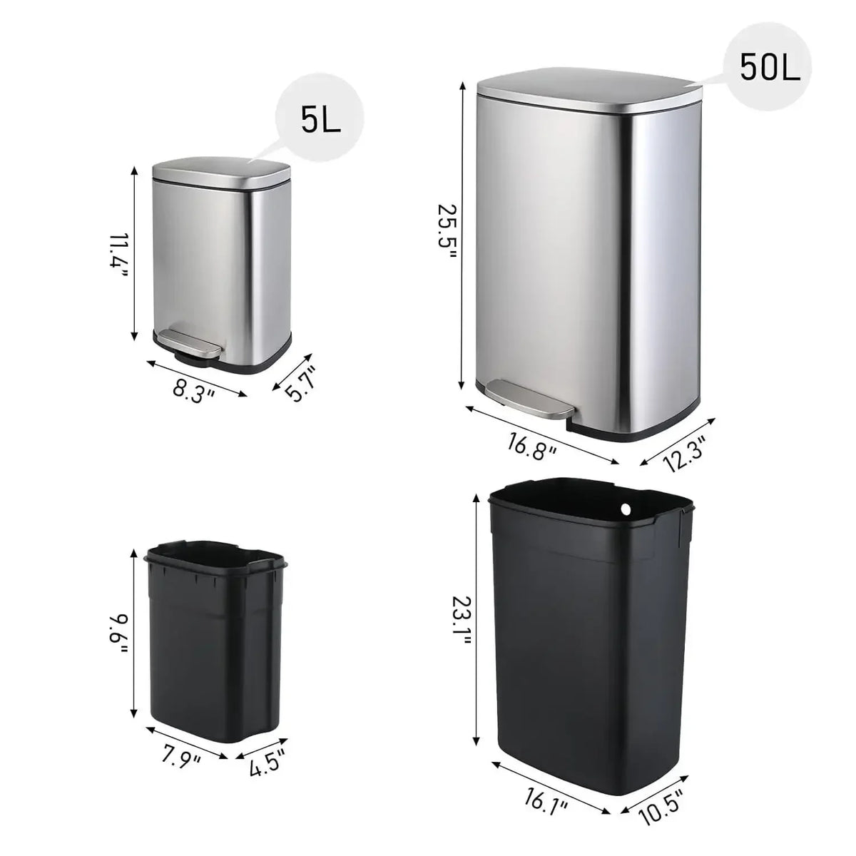 Kitchen Trash Garbage Can 50L+5L Soft-Close, Smudge Resistant Trash Can with Foot Pedal-Brushed Stainless Steel, Satin Nickel