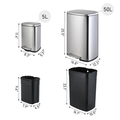 Kitchen Trash Garbage Can 50L+5L Soft-Close, Smudge Resistant Trash Can with Foot Pedal-Brushed Stainless Steel, Satin Nickel
