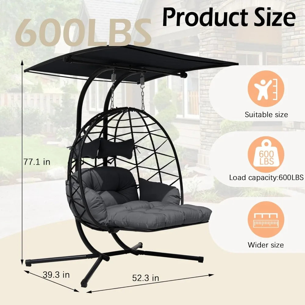 Double Egg Chair Outdoor With Stand & Adjustable Canopy, Extra Large 2 Person Patio Egg Chair With Leg Rests, Hanging Swing Chai