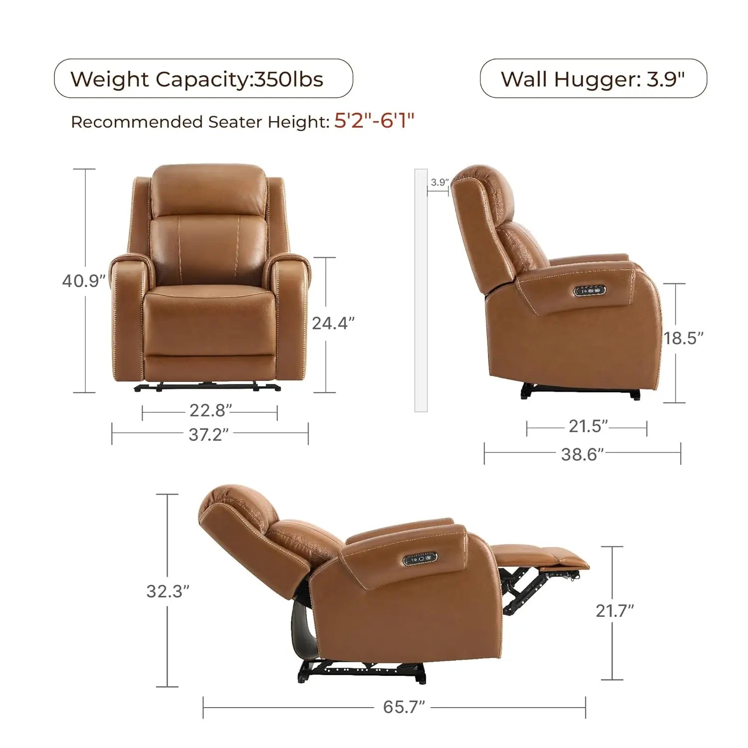 Genuine Leather Power Recliner Chair for Adults, Electric Wall Hugger Recliner with Adjustable Power Headrest &amp; USB/Type-C Ports