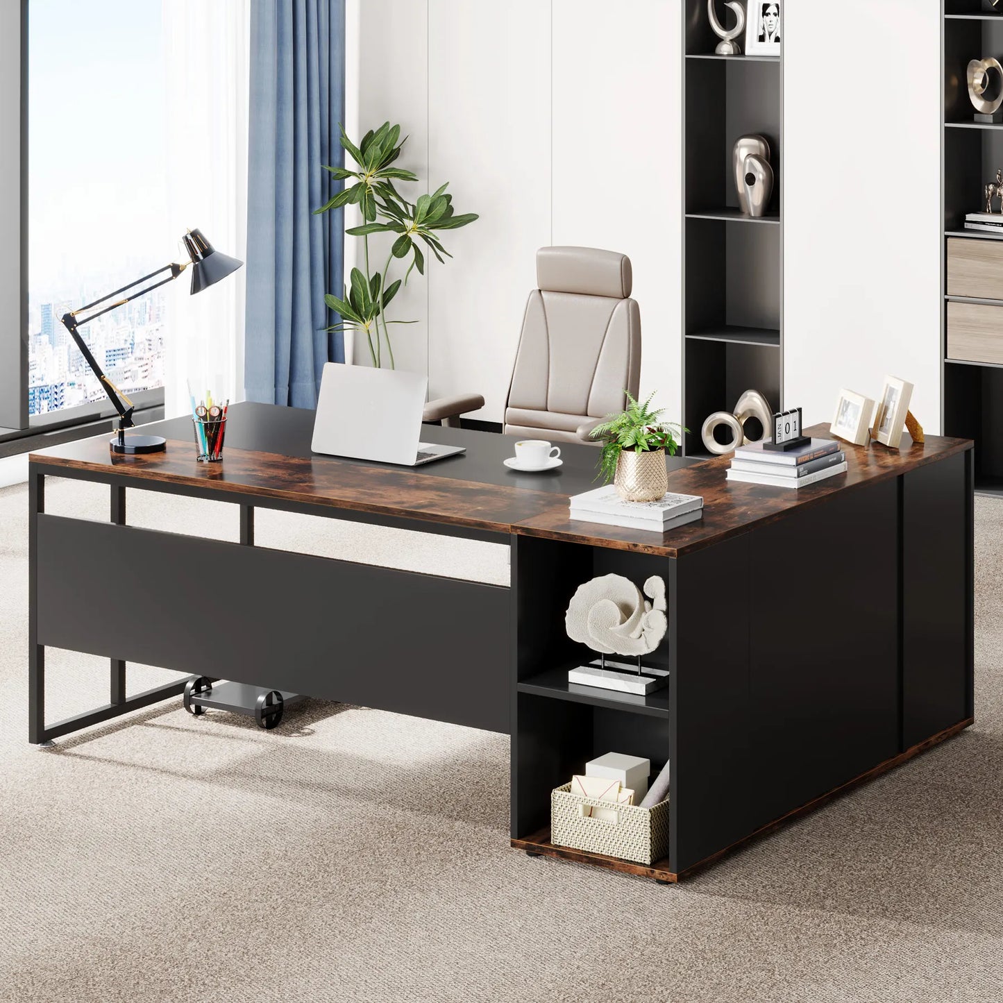 Tribesigns L Shaped Executive Desk With Cabinet Storage And Shelves