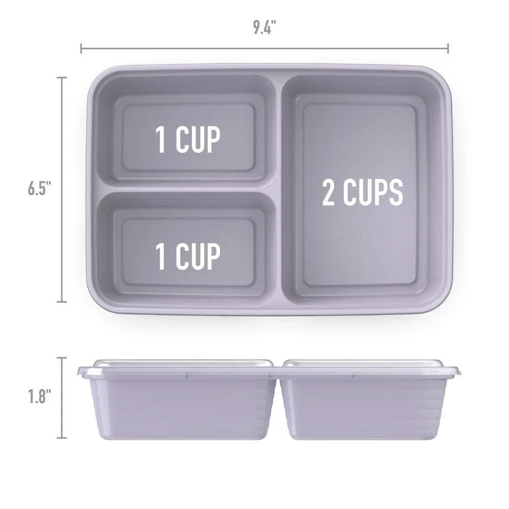 20-Piece Meal Prep Kit 3-Compartment Storage Containers with Lids Stackable Microwave Safe Reusable BPA-Free Healthy Portion