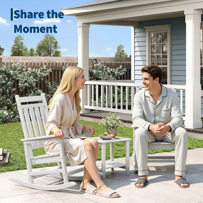 Outdoor Rocking Chairs Set of 2 with Side Table – HDPE High Back Patio Rocker, All-Weather Porch &amp; Garden Furniture