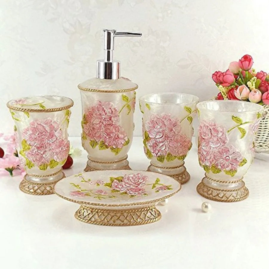 Vintage Bathroom Accessories 5Piece Set in Gold Finish for Modern Bathrooms Includes Soap Dispenser Toothbrush Holder Tumbler S