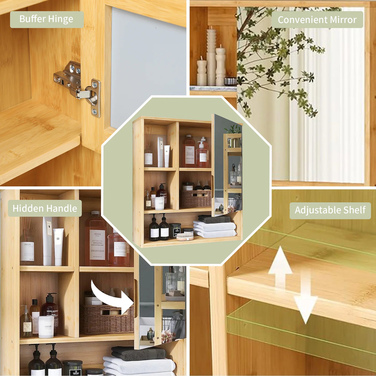 Wisfor Bamboo Bathroom Medicine Cabinet With Mirror And Storage Shelves