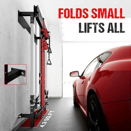 WM3-V4 Folding Squat Rack, Wall Mounted Power Rack with Dual Independent Pulley System