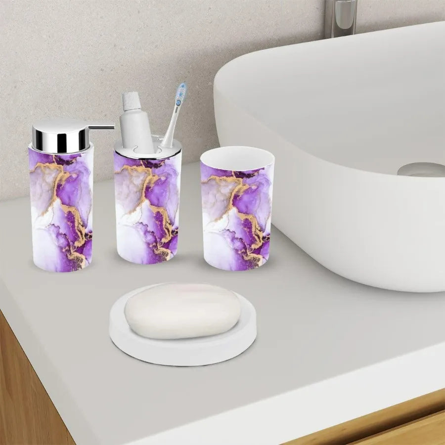 Bathroom Accessory Set 6 Piece Purple Gold Abstract Marble Liquid Ink Art Painting Paper Toothbrush Holder Toothbrush Cup Soap
