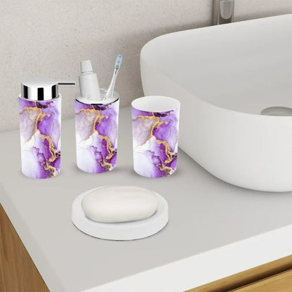 Bathroom Accessory Set 6 Piece Purple Gold Abstract Marble Liquid Ink Art Painting Paper Toothbrush Holder Toothbrush Cup Soap