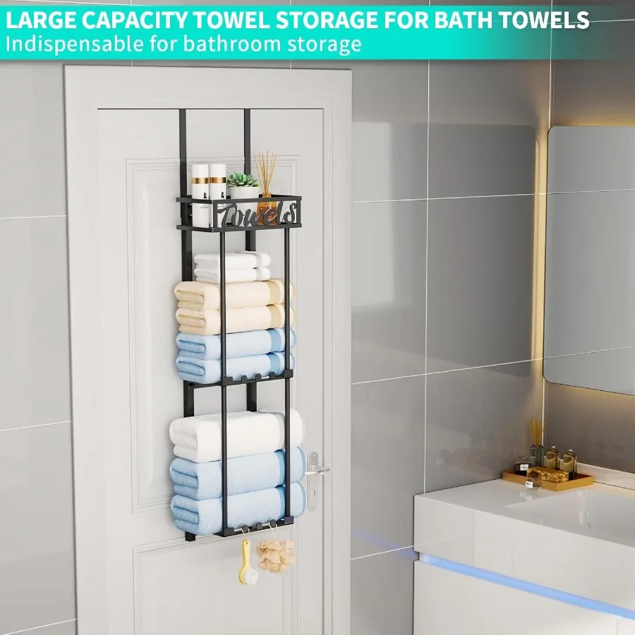Towel Rack Bathroom Storage - 3 Tier Over The Door &amp; Wall Mounted Rolled Towel Racks Holder Organizer With Metal Shelf An