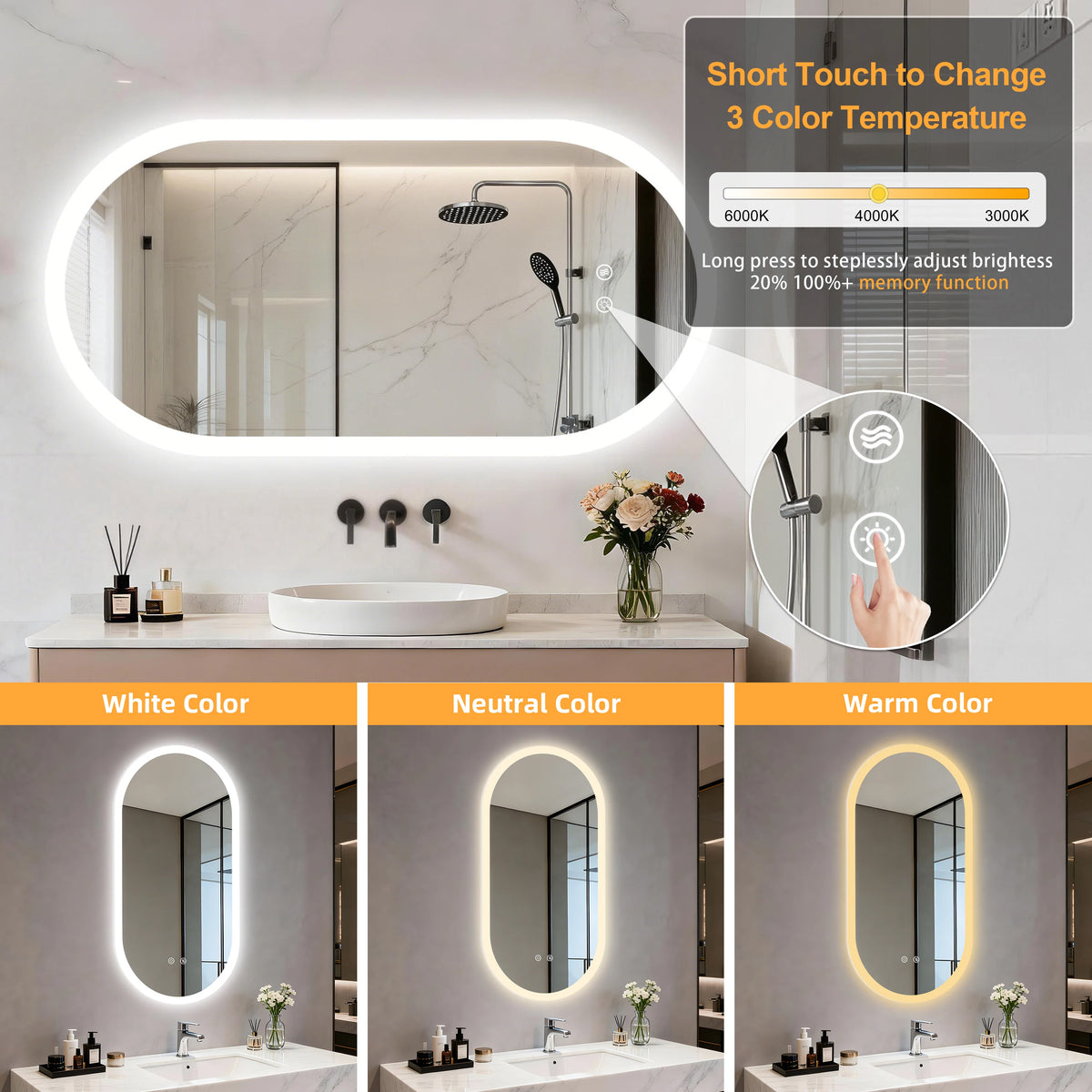 LED Bathroom Mirror Smart Anti-fog Dimmable LED Lighted Mirror Oval Makeup Mirror SPA Hotel 1200x600mm/1000x500mm/800x500mm,Tempered Glass, Frameless