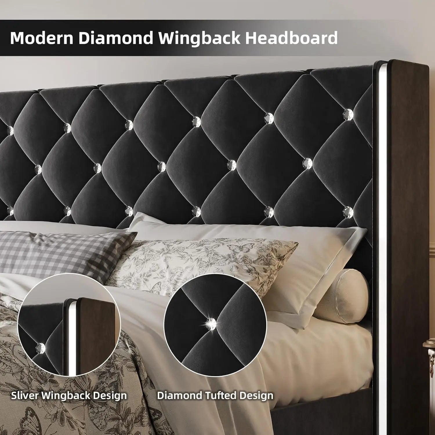 Queen Bed Frame with Headboard, Velvet Upholstered Bed with Wingback and Diamond Tufted Design, Wood Slat Support,, Customized