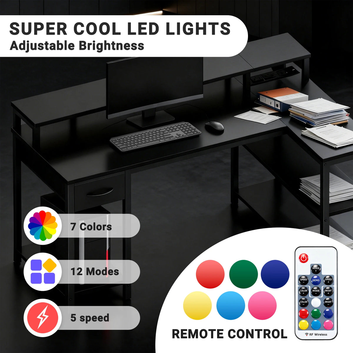 JHK L-Shaped Gaming Desk With USB And LED Lighting