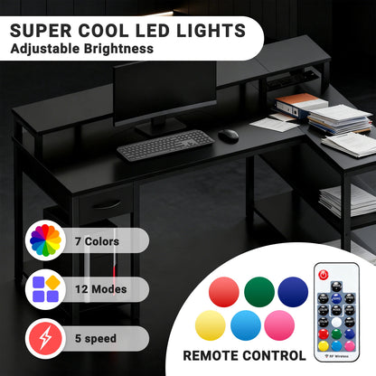 JHK L Shaped Gaming Desk With USB Ports LED Lights