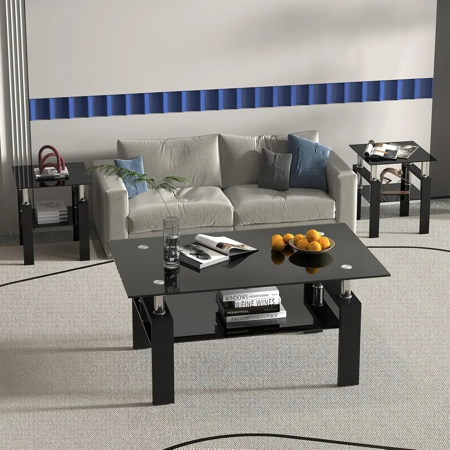 Limited timeBestsellerBlack Glass Coffee Table Set of 3 Piece, Living Room Tables Set of 3 Pcs, Including 1 Coffee Table and 2 E
