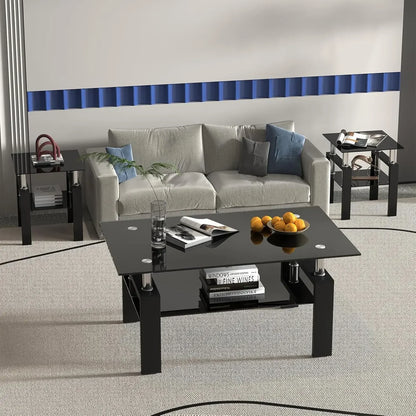 Limited timeBestsellerBlack Glass Coffee Table Set of 3 Piece, Living Room Tables Set of 3 Pcs, Including 1 Coffee Table and 2 E