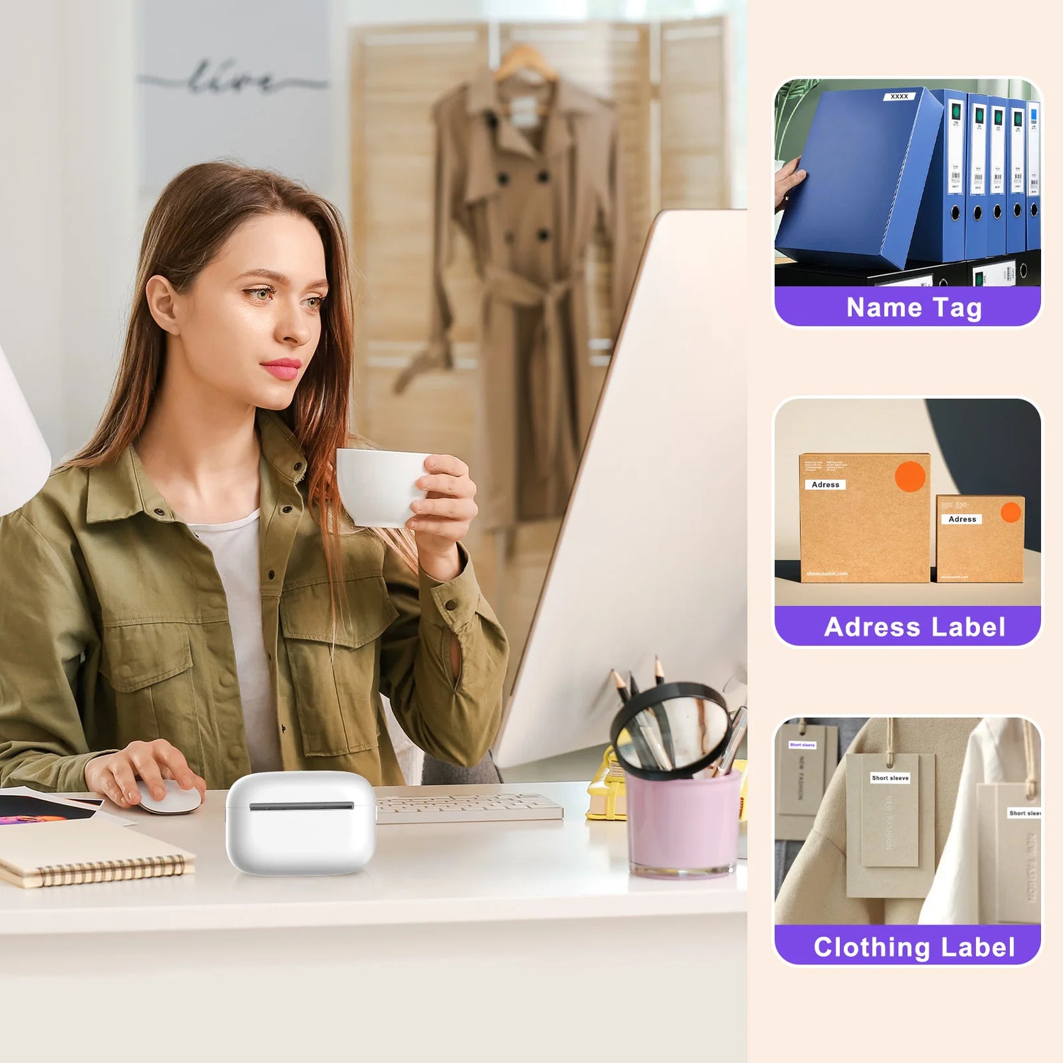 Label Maker Portable Thermal Lable Printer Bluetooth Sticker High Speed Printing 300nim with 1roll Stickable Label Paper USB