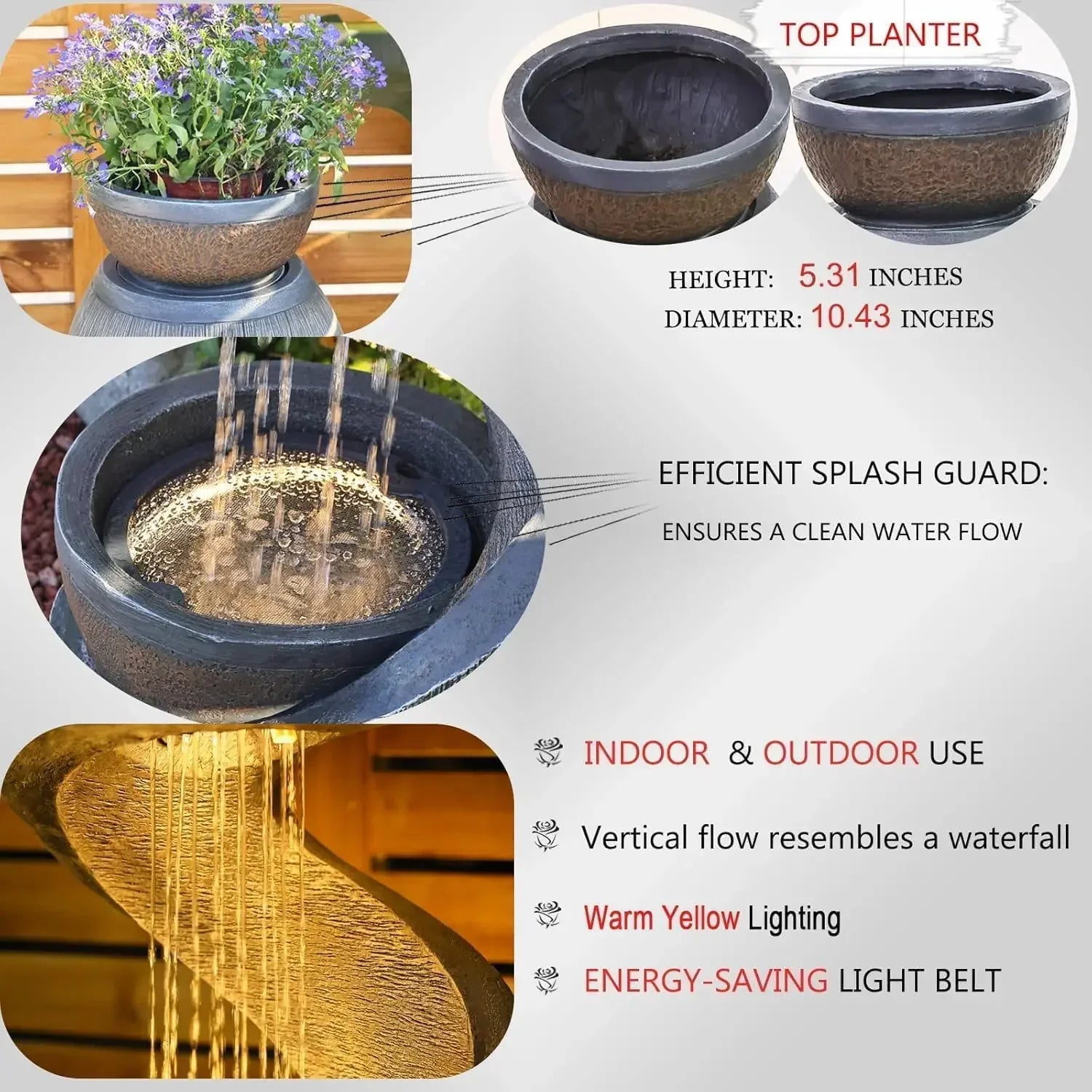 31.9" S-Shaped Water Outdoor Fountain–Modern Cascading Waterfall Feature with LED Lights &amp; Planter Bowl