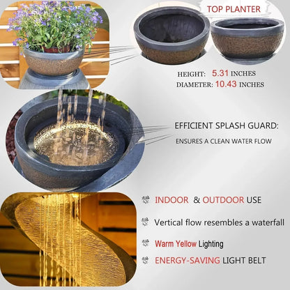 31.9" S-Shaped Water Outdoor Fountain–Modern Cascading Waterfall Feature with LED Lights &amp; Planter Bowl