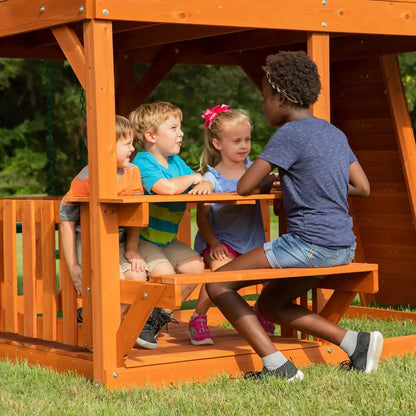 Hot SalesII Cedar Wood Swing Set with Wave Slide, Raised Clubhouse, Crow&