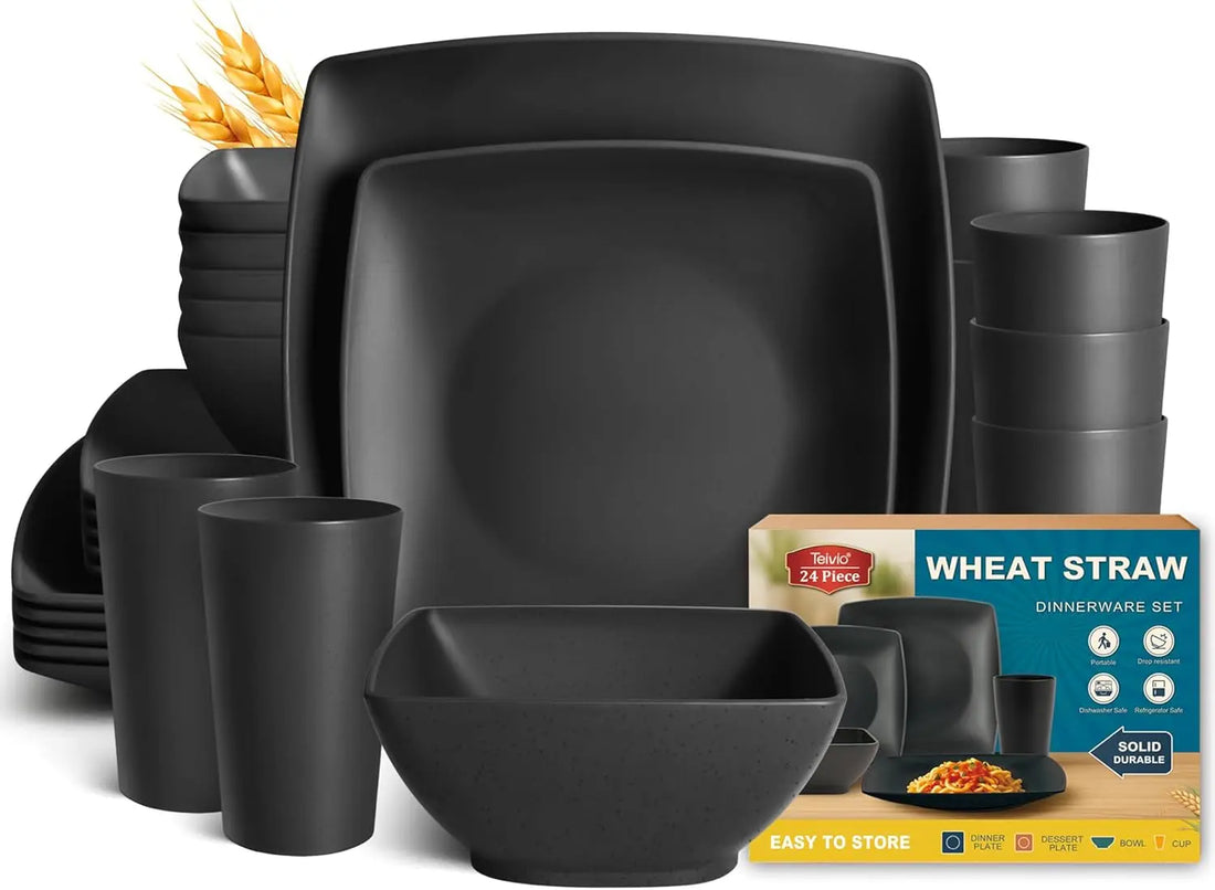 24-piece Plastic Wheat Straw Square Dinnerware Set for 6, Unbreakable Dinner Plates, Salad Plates