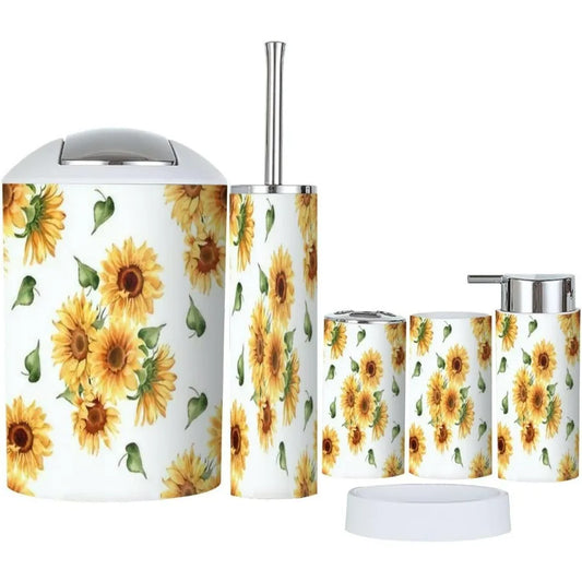 Bathroom Accessory Set 6 Piece Sunflower Yellow Summer Repeating Toothbrush Holder Toothbrush Cup Soap Dispenser Soap Dish Toil