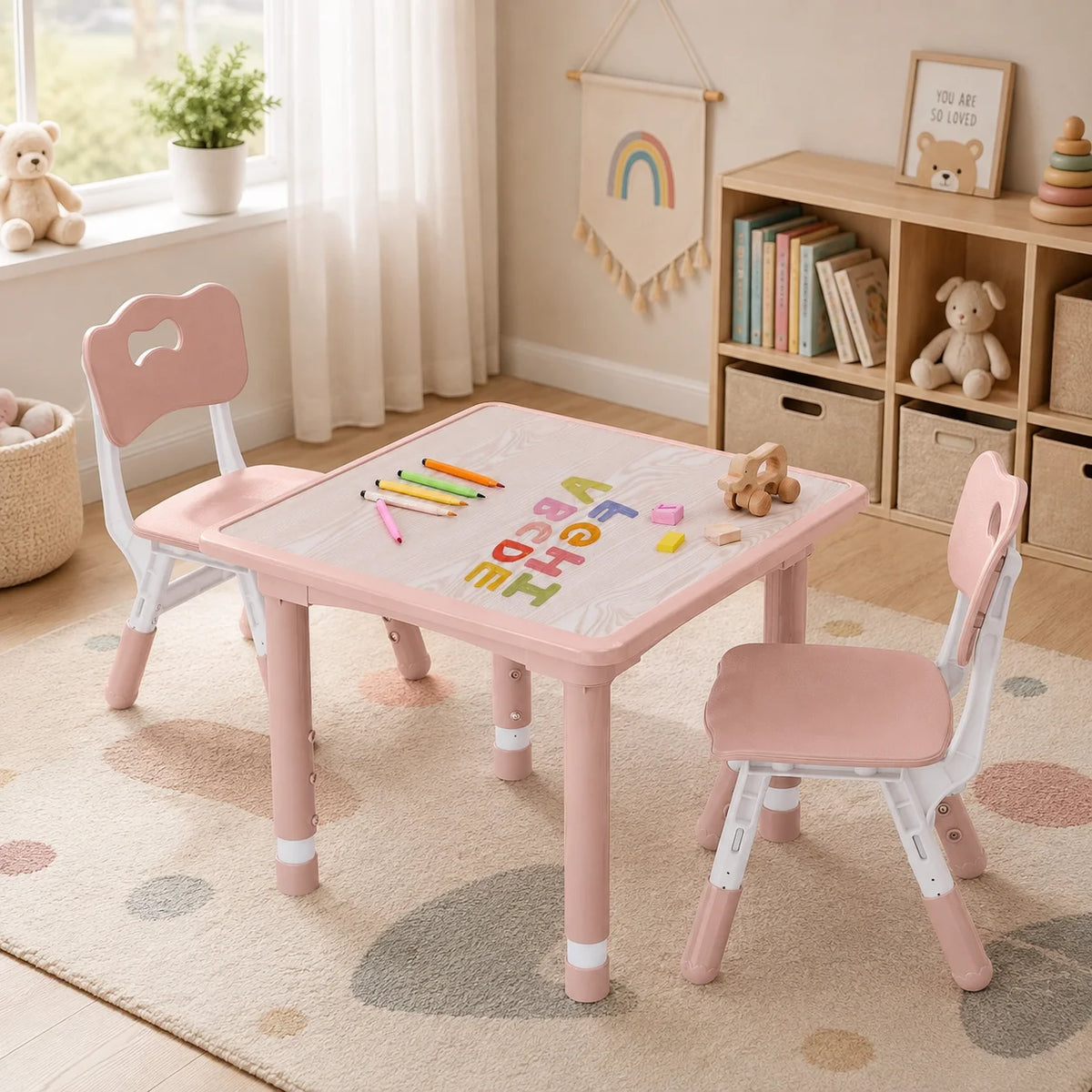 Adjustable Kids Table Set With Two Chairs For Montessori Art Learning
