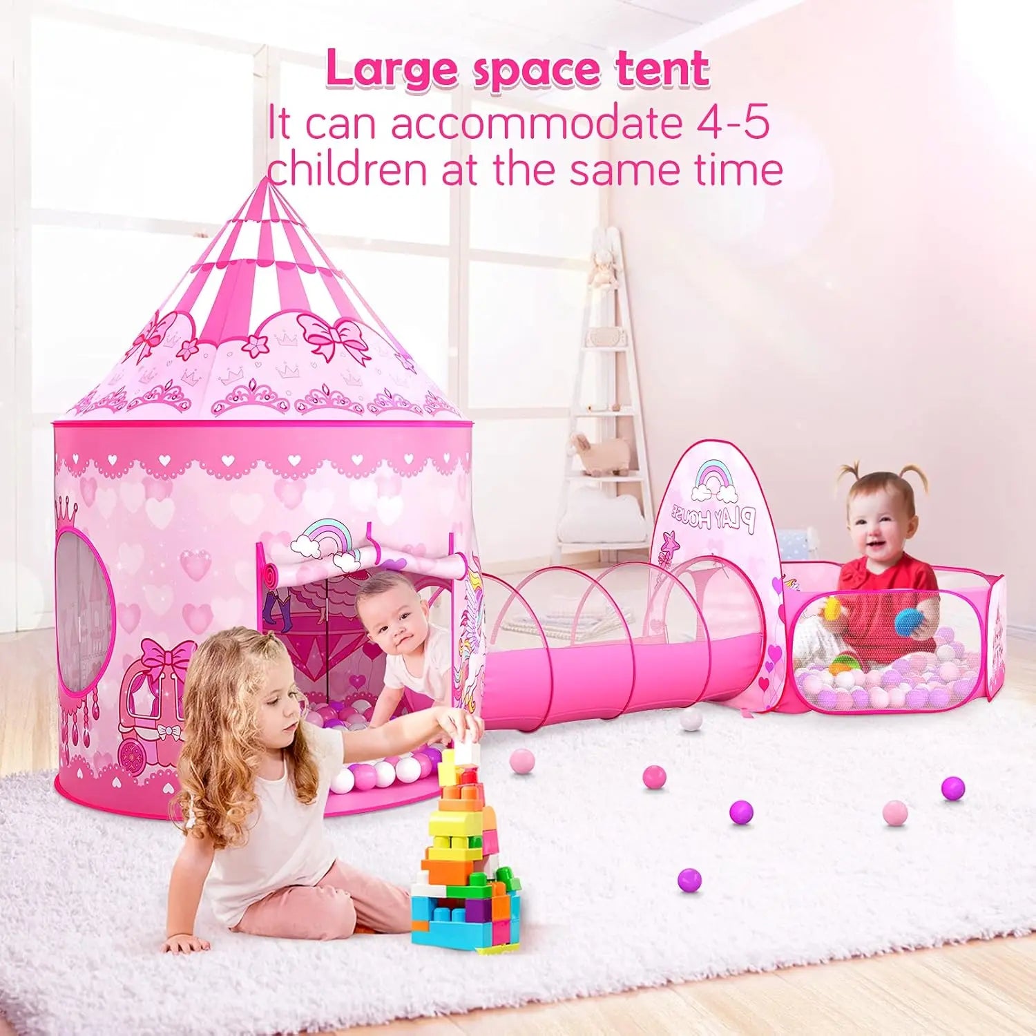 Pink Princess Play Tent Set with Ball Pit and Tunnel for Girls Indoor Outdoor Birthday Gift