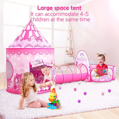 Pink Princess Play Tent Set with Ball Pit and Tunnel for Girls Indoor Outdoor Birthday Gift