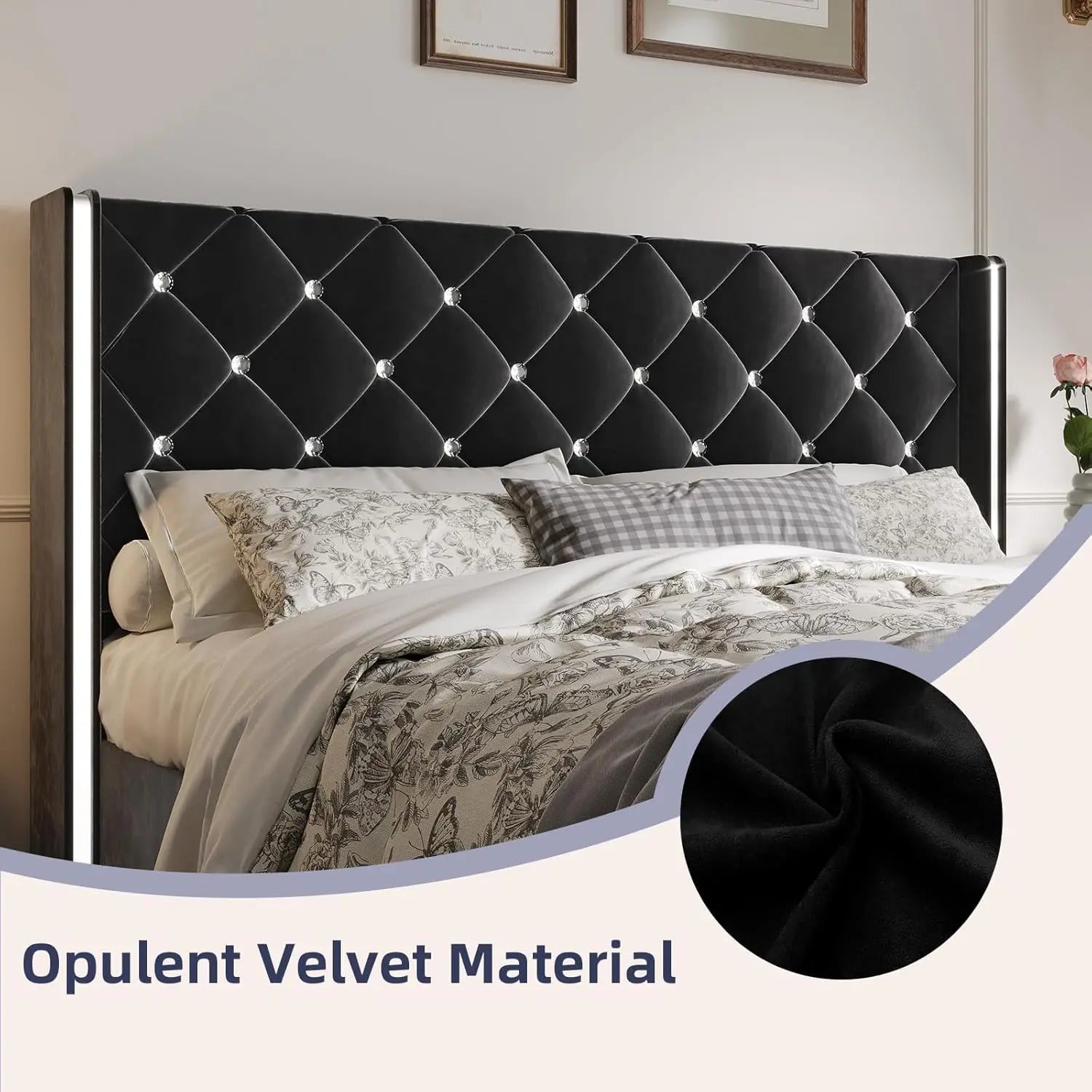 Queen Bed Frame with Headboard, Velvet Upholstered Bed with Wingback and Diamond Tufted Design, Wood Slat Support,, Customized