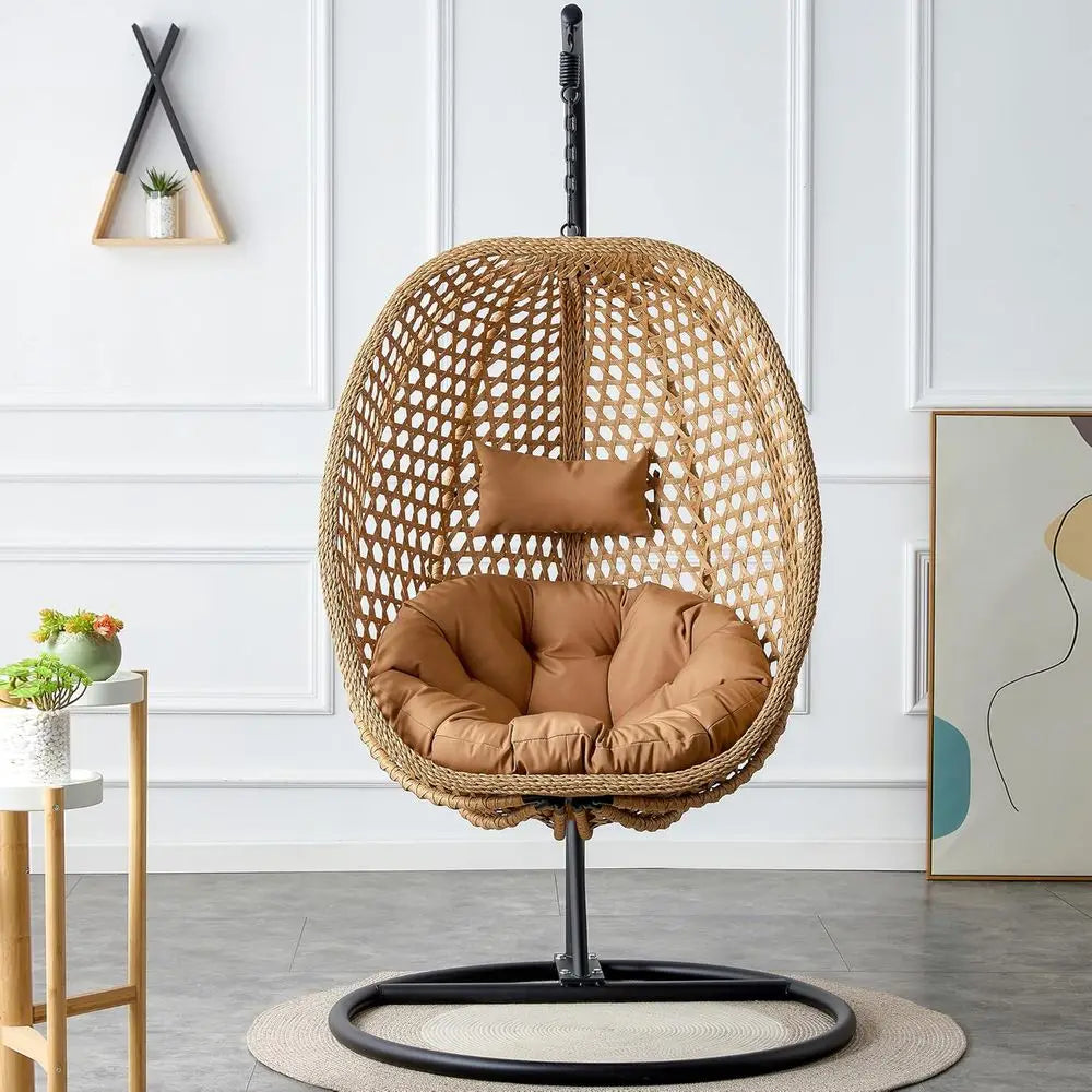 Wicker Hanging Egg Chair With UV Resistant Cushion Metal Stand