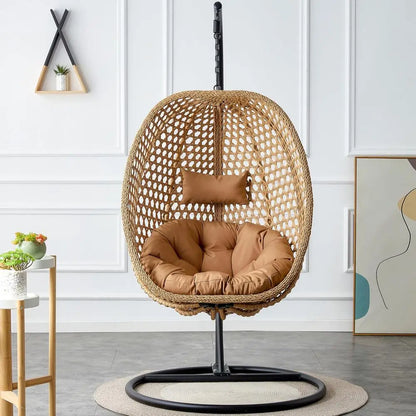 Wicker Hanging Egg Chair With UV Resistant Cushion Metal Stand