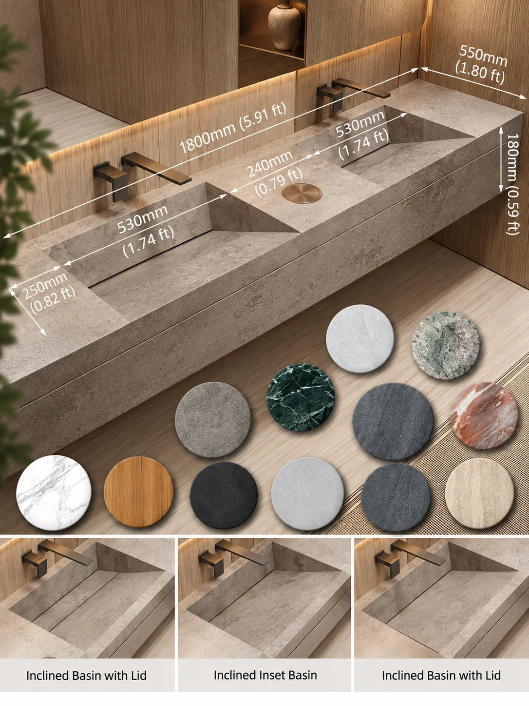 Custom Luxury Natural Stone Bathroom Vanity With Integrated Dual Basin