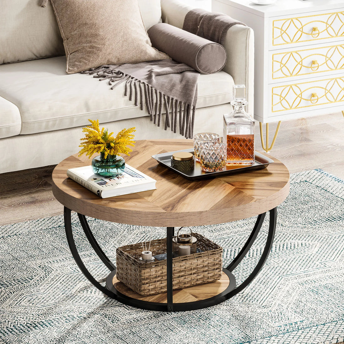 Tribesigns Industrial Round Coffee Table With Two Tier Storage Shelves