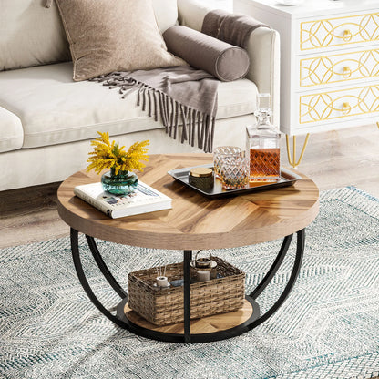 Tribesigns Industrial Round Coffee Table With Two Tier Storage Shelves