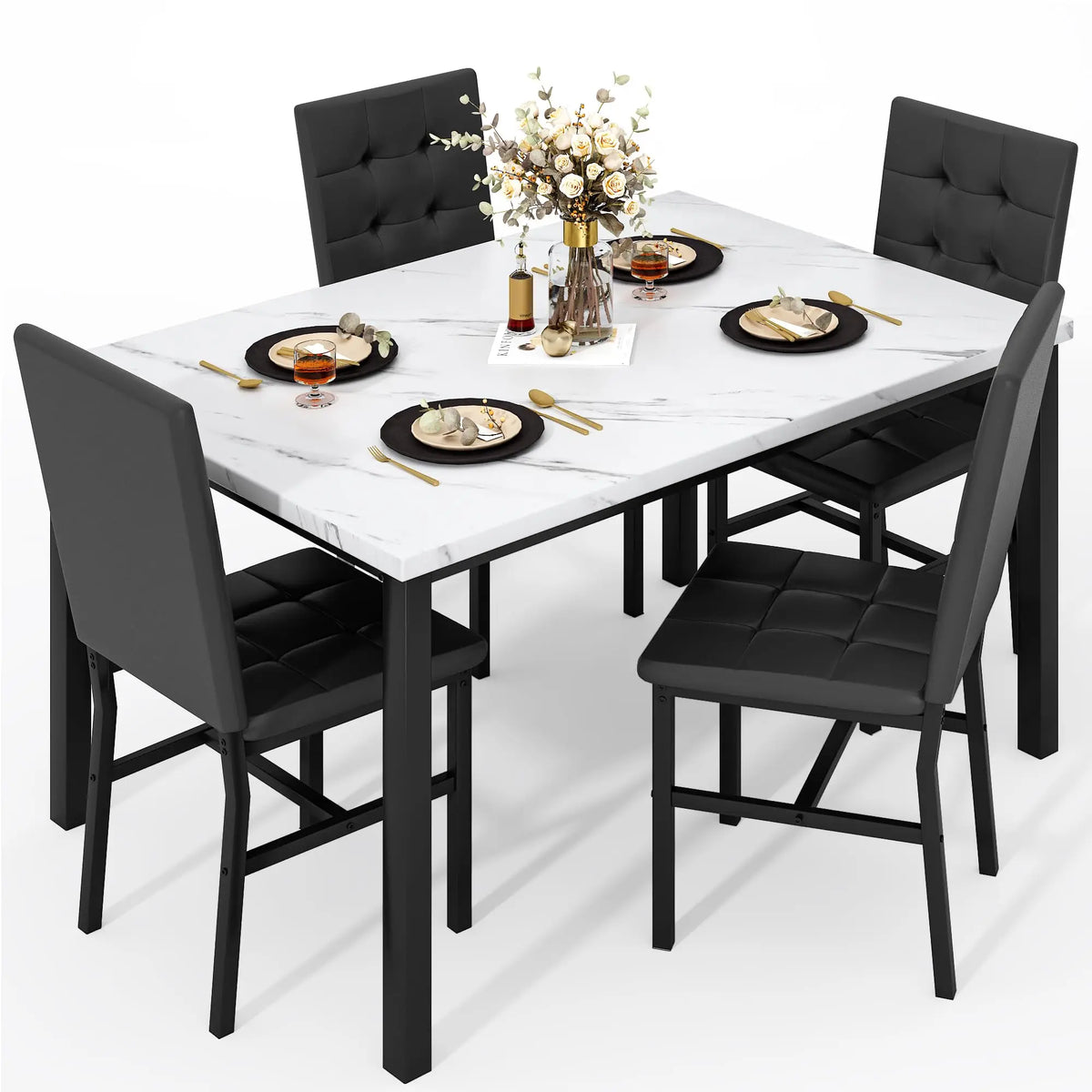 Dining Table Set For 4,Faux Marble Kitchen Table And Chairs Of 4, Modern Dining Room For 4,Dinner Table With Ve