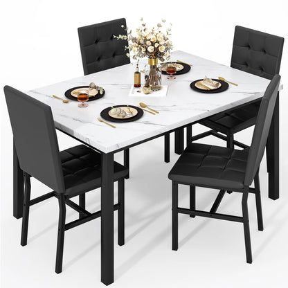 Dining Table Set For 4,Faux Marble Kitchen Table And Chairs Of 4, Modern Dining Room For 4,Dinner Table With Ve