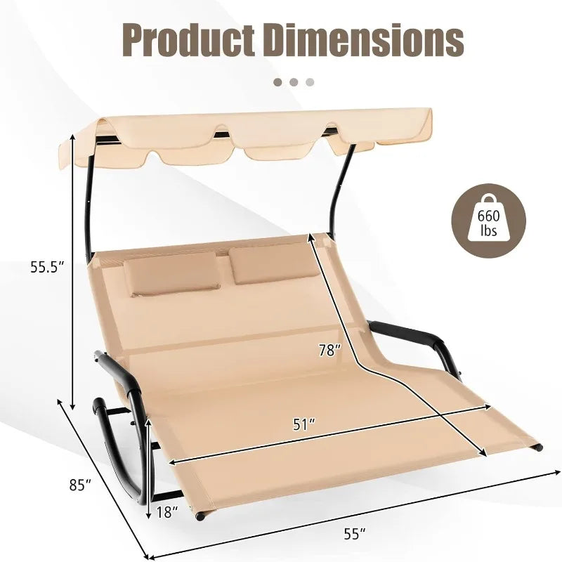 2 Person Lounge Chair with Adjustable Canopy, Outdoor Chaise Lounge with 2 Detachable Pillows and Wheels, Extra Large D
