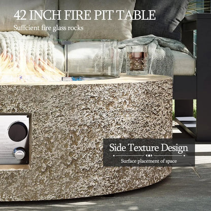 42-inch Outdoor Propane Gas Fire Pit Table 50000 BTU Concrete Round FirePit for Outside Patio with Propane Tank Cover, Wind Guad
