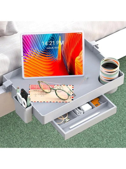 Bedside Shelf for Bed, Foldable Bunk Bed Shelf Clip On Nightstand Tray College Dorm Room Essential Table Caddy with Cup Holder