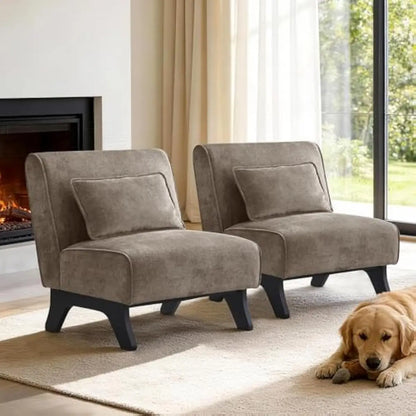 Upholstered armless lounge chairs set of two – wood frame construction with high-density foam cushioning and integrated back pil
