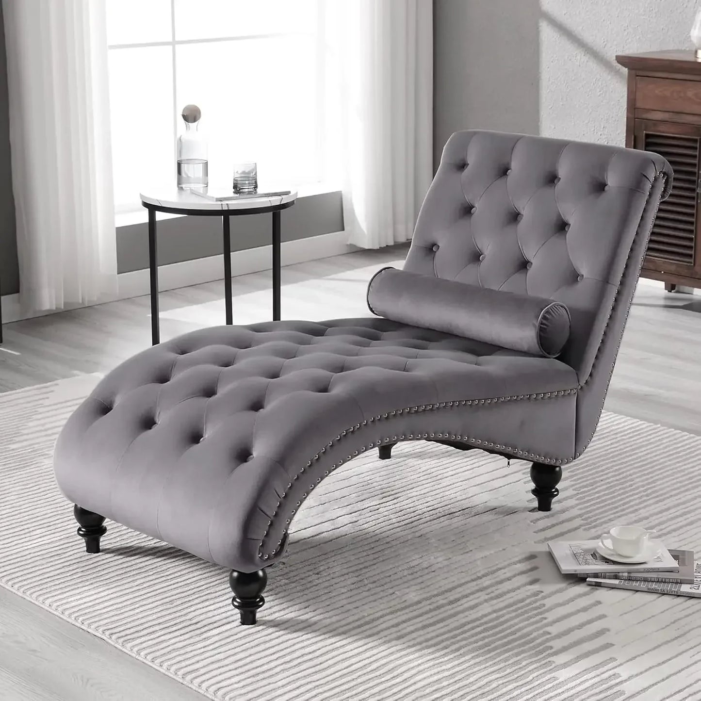HUANZHUANG Velvet Chaise Lounge Modern Upholstered Chair With Pillow