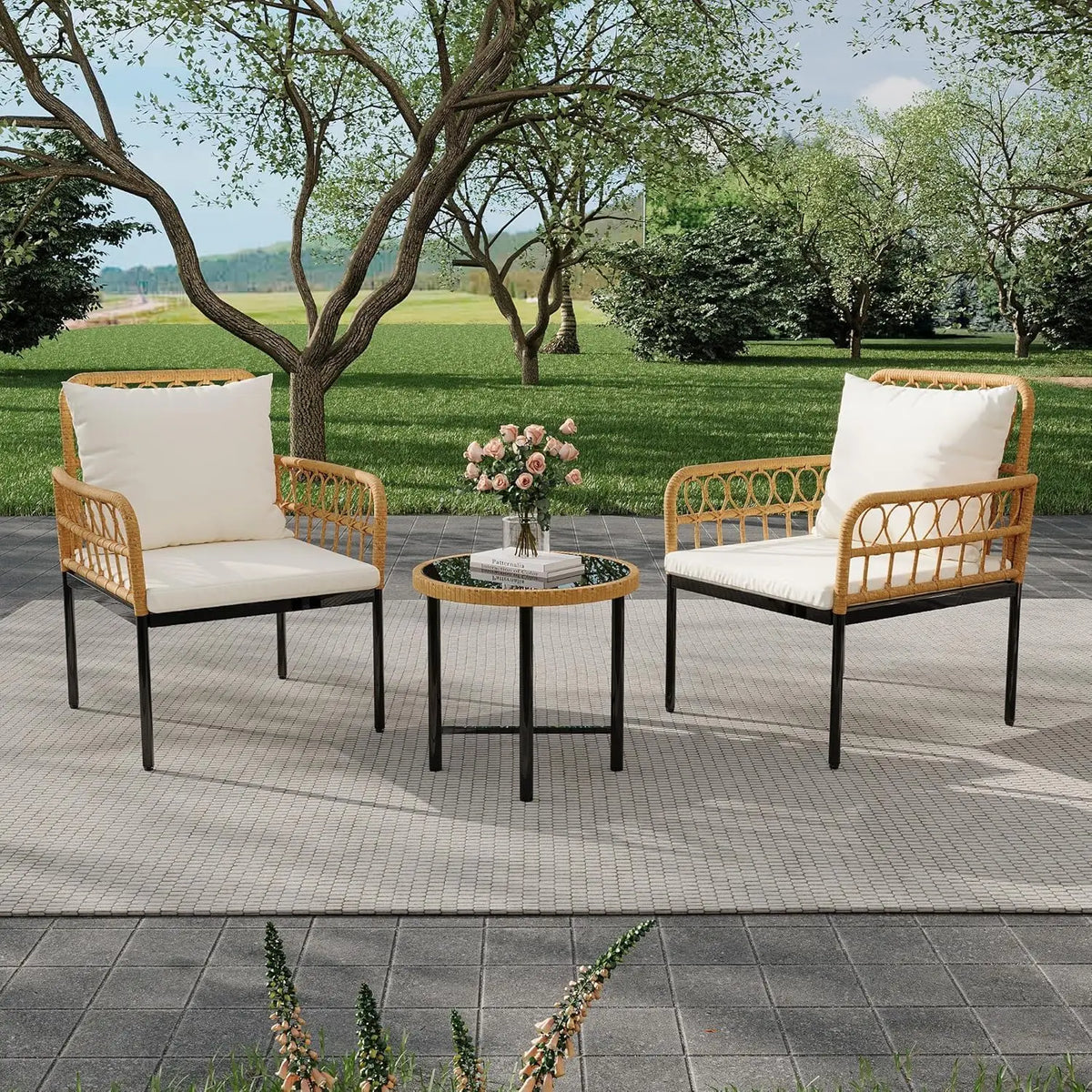 3-Piece All-Weather Boho Wicker Rattan Patio Furniture Set with Sectional Sofa, Metal Frame, and Detachable Cushions - Ideal for Patio, Balcony, Backyard, Deck, and Poolside in Beige